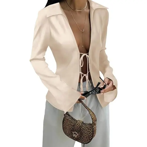 Cicy Bell Womens Sexy Tie Front Satin Shirts Deep V Neck Silk Club Tops Long Sleeve Y2k Going Out Blouse