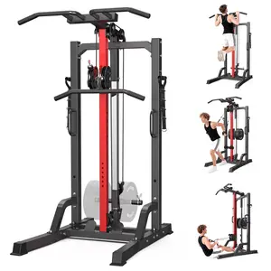 Pooboo Pull Up Bar Power Tower Dip Station,Cable Machine-Integrated 450LBS Multi-Function Adjustable Height Fitness Strength Training Equipment for Home Gym Strength Training Equipment