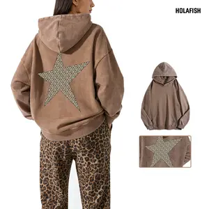 Holafish Women's Polyester Vintage Acid Wash Hoodie - Retro Asymmetrical Star Leopard Print - Oversized Loose-Fit Streetwear Tunic for Casual Wear