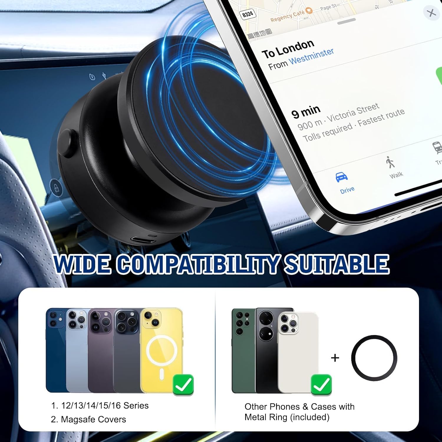 Black Magnetic Phone Holder with Suction Cup, 360° Rotatable Design, Stable & Strong Adsorption, Compatible with 4-7 Inch Smartphones, Ideal for Car & Home Use