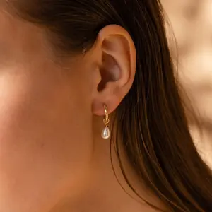 Dainty Pearl Drop Huggies by Caitlyn Minimalist - Dangling Pearl Hoop Earrings - Elegant Wedding Jewelry - Gift for Her