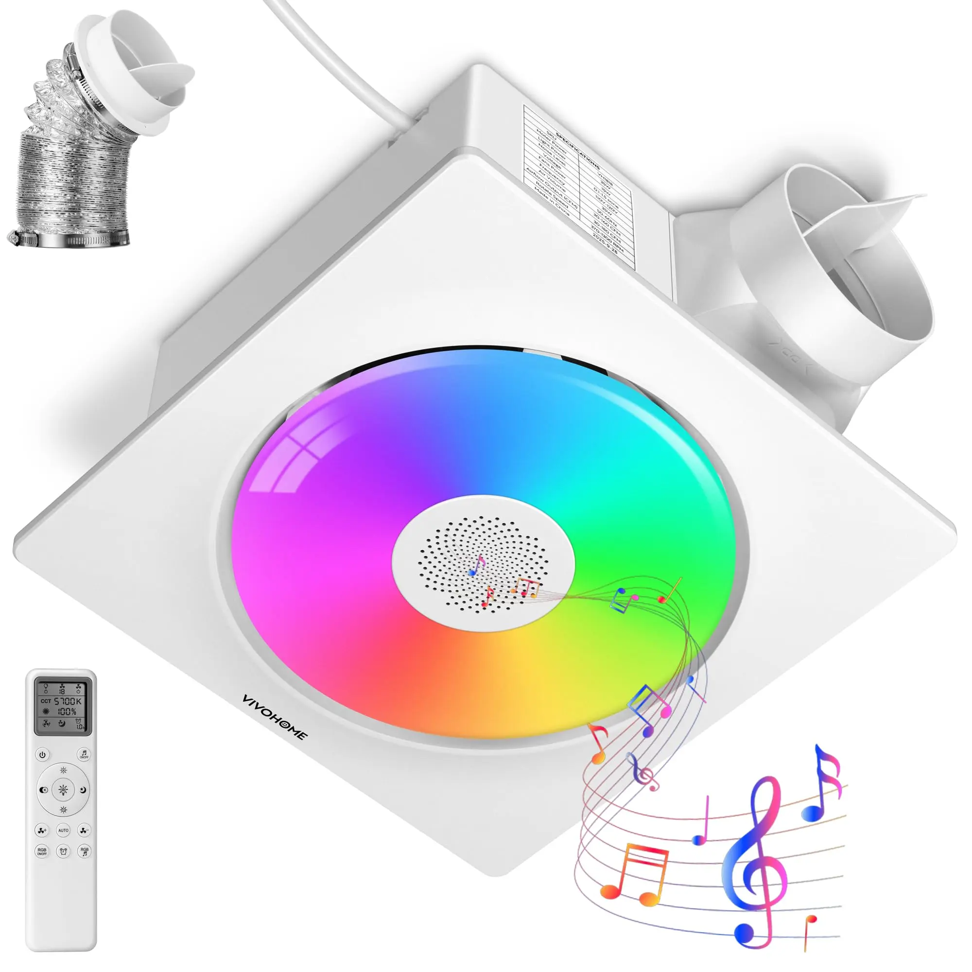 VIVOHOME 4-IN-1 AutoFlow Bathroom Exhaust Fan with RGB Light & Bluetooth Speaker & Humidity Sensor (30-110-160CFM) - 2700K/4000K/5700K LED Light, Energy-Saving EC Motor (Install Kit, 4-in Duct)