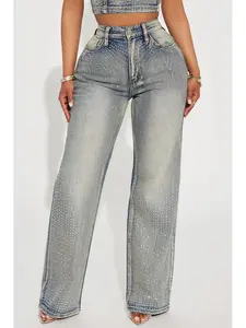 Chasing A Dream Embellished Stretch Straight Leg Jeans Vintage Wash 32" Inseam 11" High Rise 99% Cotton 1% Spandex