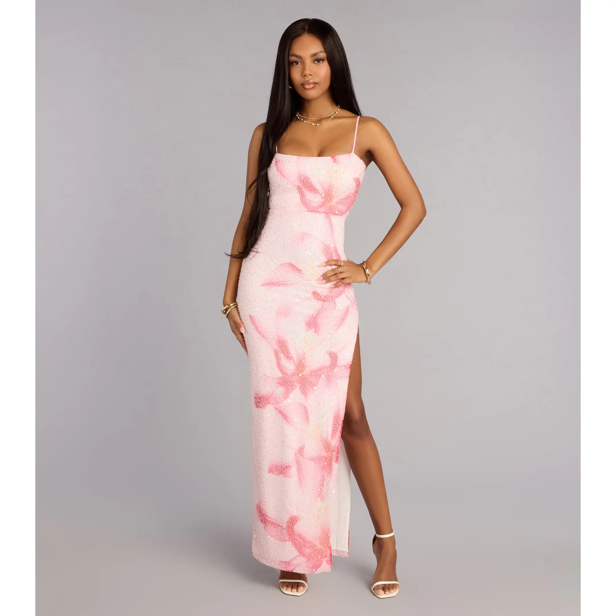 Marcy Beaded Floral Print Column Formal Dress