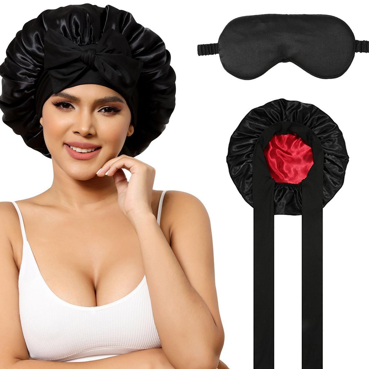 AWAYTR Satin Bonnet for Women Silk-Like Bonnets for Sleeping Curly Hair Bonnets with Tie Band Double Layer Sleep Cap and Eye Mask 2Pcs/Set TikTokShopBlackFriday