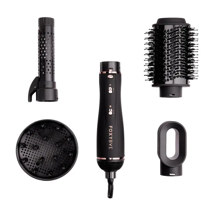 FoxyBae Rose Gold Super Styler – 4-in-1 Air Styling Set – Diffuser, Blowout Brush, 1.25" Curling Barrel & Drying Cylinder – Dry, Curl & Smooth at Home