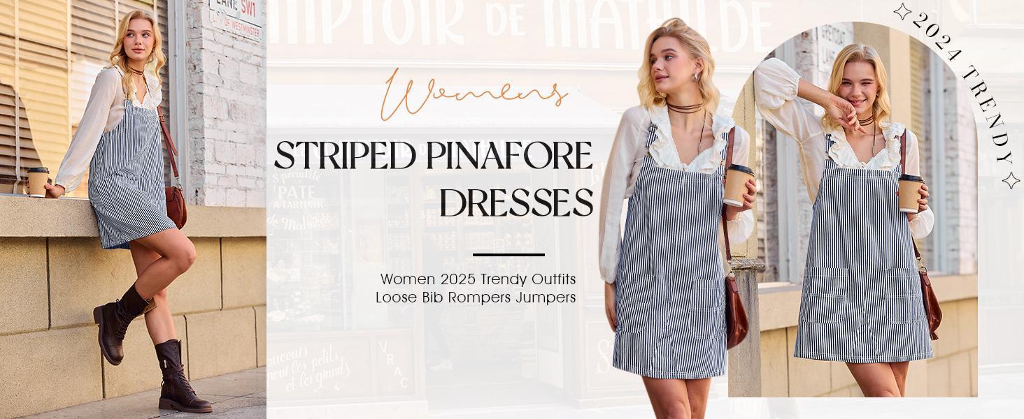 Imily Bela Womens Casual Striped Denim Dress Summer Pinafore Overalls Romper Adjustable Straps Jumper Dress with Pockets