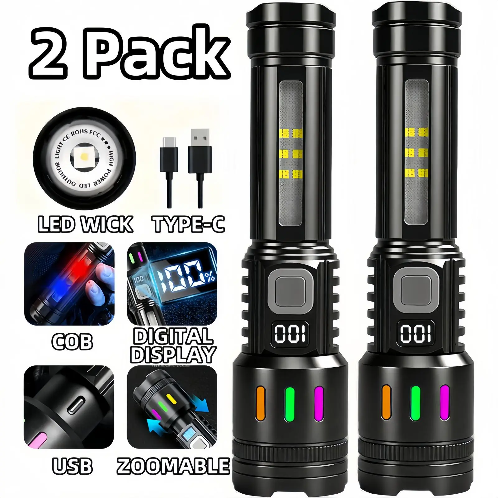 2/4-Pack Portable Rechargeable LED Flashlights Torch Black, High Lumens, Adjustable Tactical Design, 5 Modes, COB Side Light, USB-C Fast Charging, Zoomable Beam, Strobe Colorful Mode, 2000mAh Batteries, Lightweight for Outdoor Hiking Camping emergency