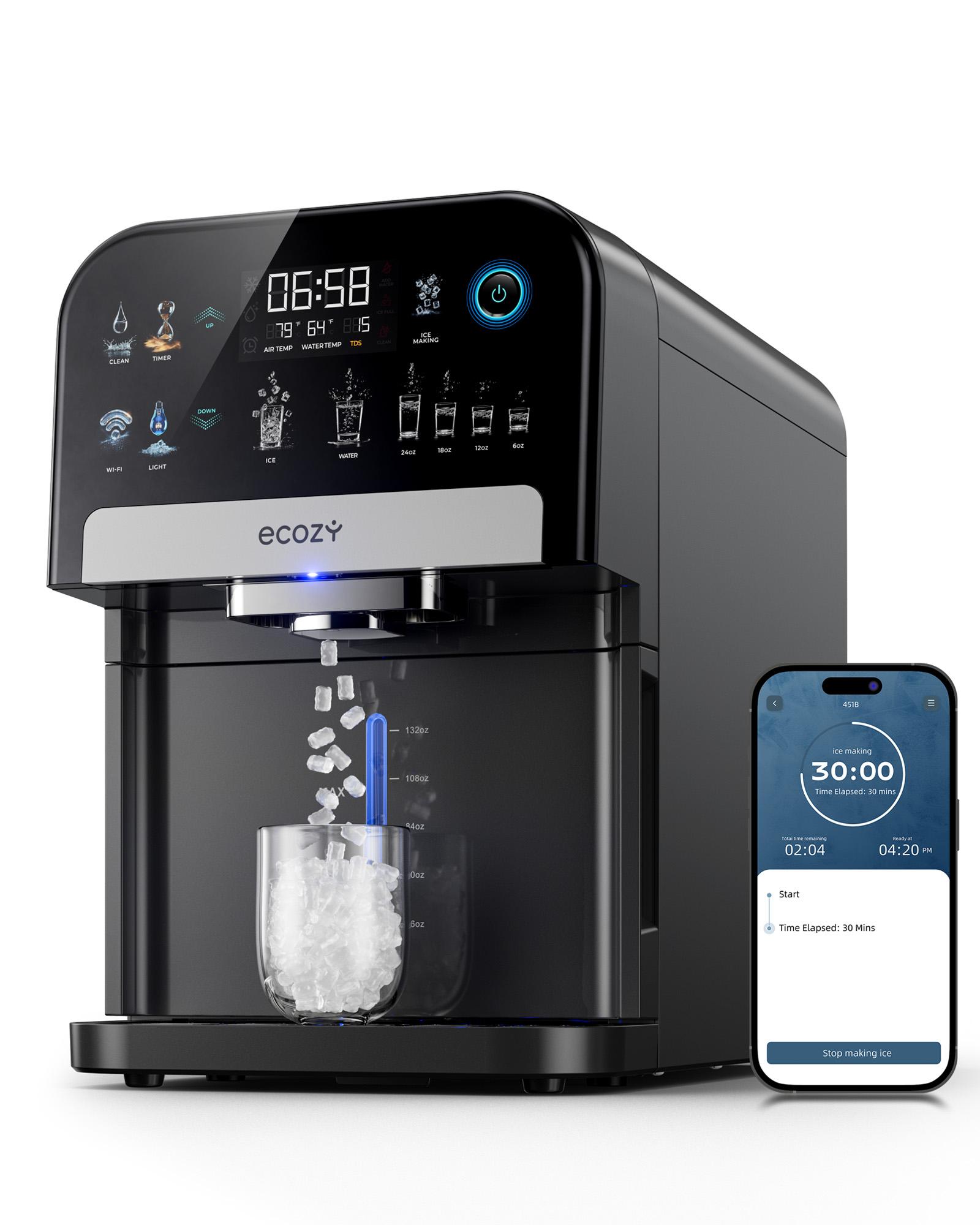 ecozy Countertop Sonic Nugget Ice Maker 33 lbs Daily Output,Self-Cleaning,Stainless Steel, Icemakermachine