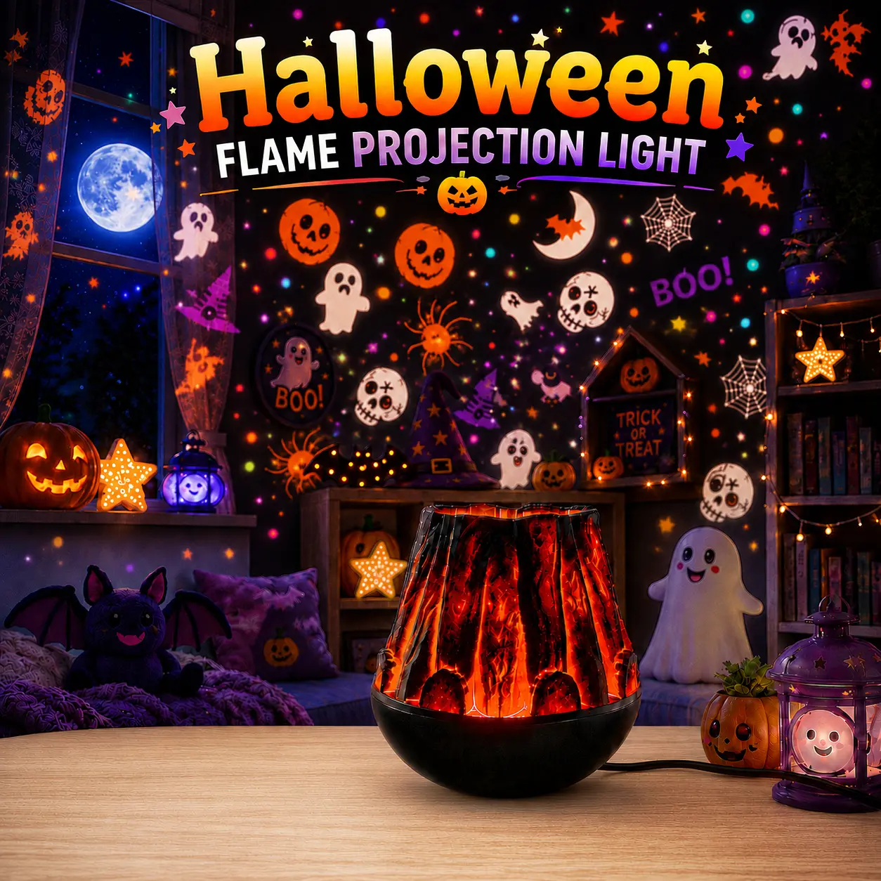 Halloween Flame Effect Projection Lamp, Spooky Pumpkin & Ghost Projector Light - USB Mobile Decorative Lamp for Rustic Indoor Room Holiday Decor, Room Decor