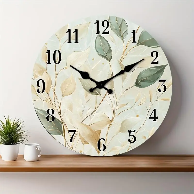 12inch 1 Non-Ticking 2D Wooden Wall Clock - Silent Modern Abstract Plant Leaf Design,Round Battery Operated (AA Not Included) for Bedroom, Living Room Entrance Decoration, Small Wall Clock, Minimalist Style