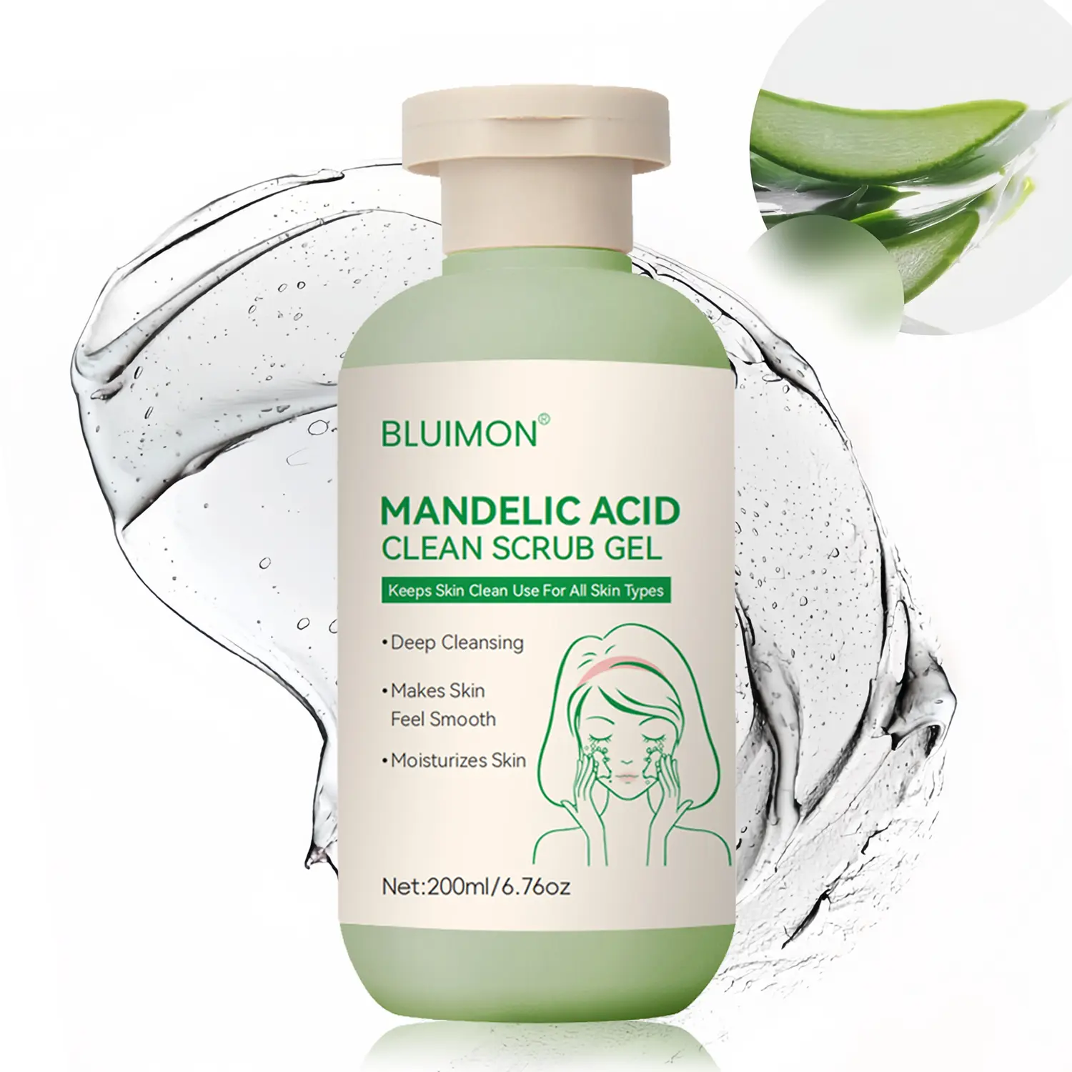 Bluimon Plant-Infused Mandelic Acid Facial Scrub Gel - Hypoallergenic Gentle Exfoliating Cleanser, Daily Hydrating Blackheads Remover for All Skin Types, 200ml Skin Care Boost, Moisturizer, Hydrate, Facial Cleanser, Brightening, Plant Extracts, Oil-Free,