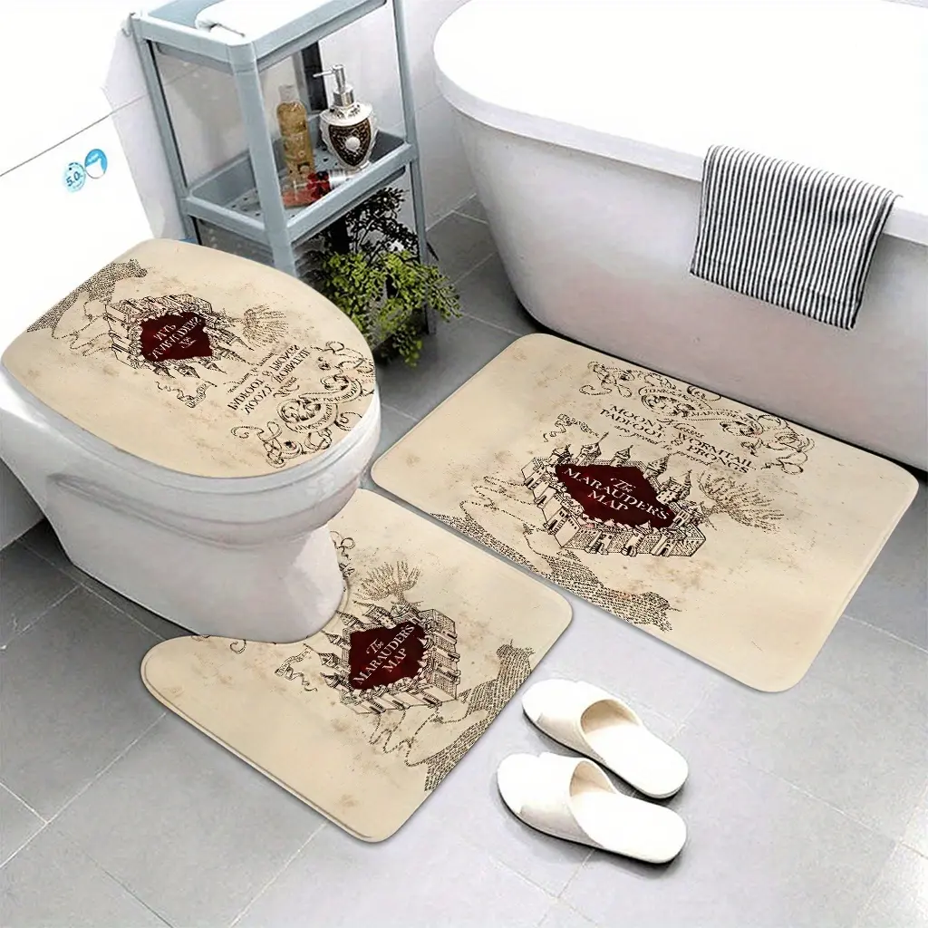 Warner Bros. Harry Potter 3pcs Bathroom Rug Set for Christmas and Halloween, Bath Mats Set, Non-Slip Washable Cover Floor Rug Decorations for Kitchen, Bathroom, Bedroom. Set Includes Bath Rug, Contour Mat, and Toilet Lid Cover, Non-Slip Bath Rugs
