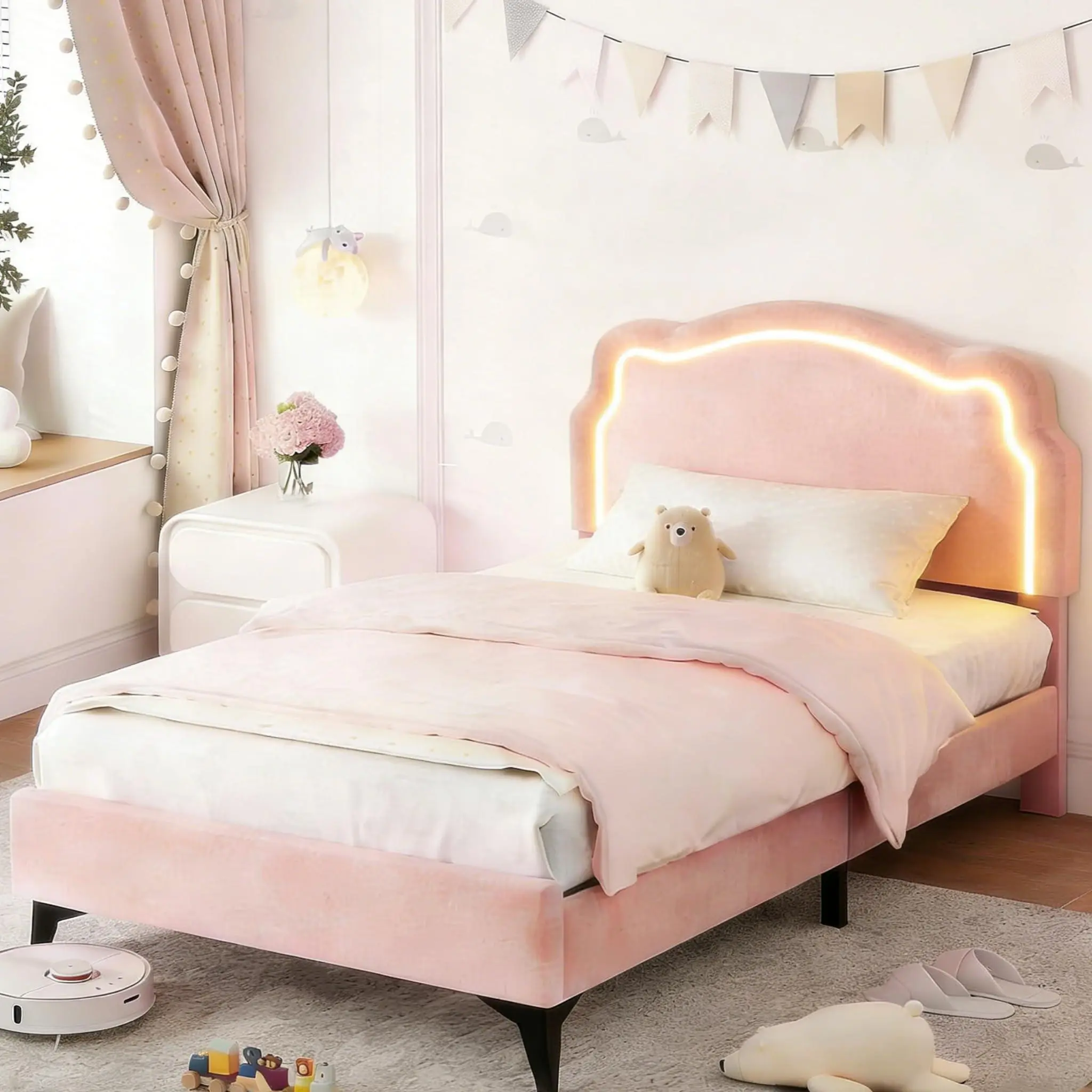 Twin Upholstered Adjustable Smart LED Bed Frame with Headboard, Pink Velvet Princess Platform Bed Frame for Kids, Wooden Slats Support, No Box Spring Needed, Adjustable Bed Frame