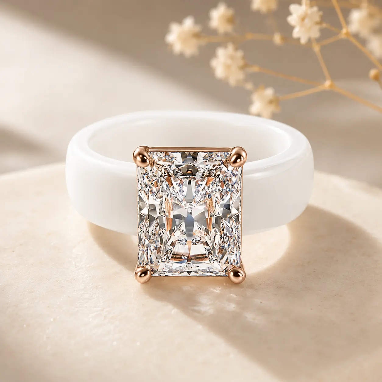 Radiant Cut Moissanite Ring Rose Gold Four Prong Setting White Ceramic Band Chunky Statement Ring Large Square Lab Created Diamond Cocktail Ring Luxury Wedding Engagement Ring Fashion Stackable Jewelry Gift For Women