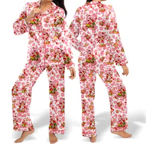 Strawberry Shortcakke Cartoon Leopard Pink Long Pajamas Set, Cute Character Design Loungewear, Gift For Fans, Retro Merch Comfy Sleepwear | TS210126.R2632.ID00