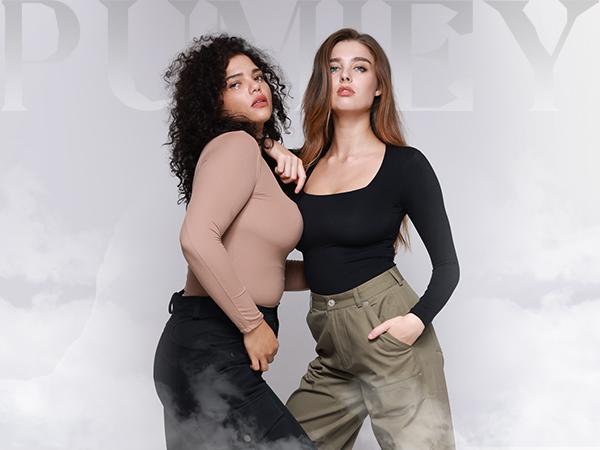 PUMIEY Square Neck Long Sleeve Bodysuit Buttery Soft  Women'sSexy Body Suit Tops Fabric Womenswear slim-fitting square neck bodysuit  chanclas candice  swanepoel