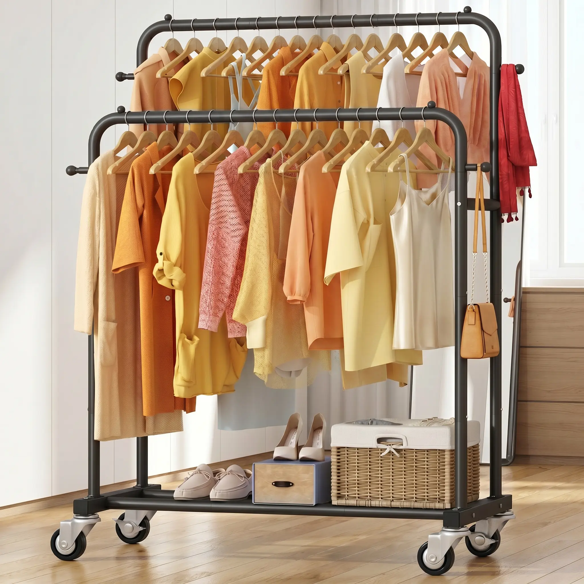 UDEAR Double-Rod Movable Garment Shelf with Wheels and 4 Hooks, Multi-functional Hangers Bedroom Clothes Organiser Laundry Racks Hangable