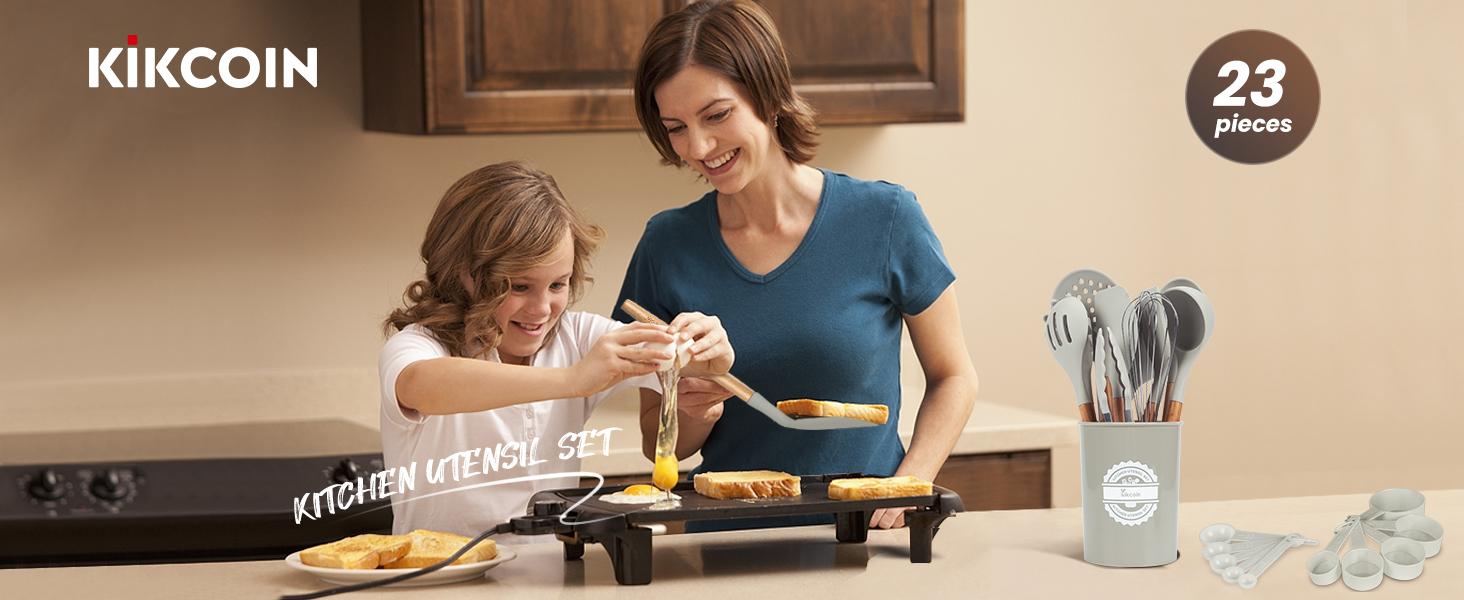 [Clearance-The Last Chance]23 PCS Kikcoin Kitchen Utensils Set,Wood Handle,Silicone Heat Resistant Cooking Gadgets for Nonstick Cookware,Turners,Tongs,Spatula