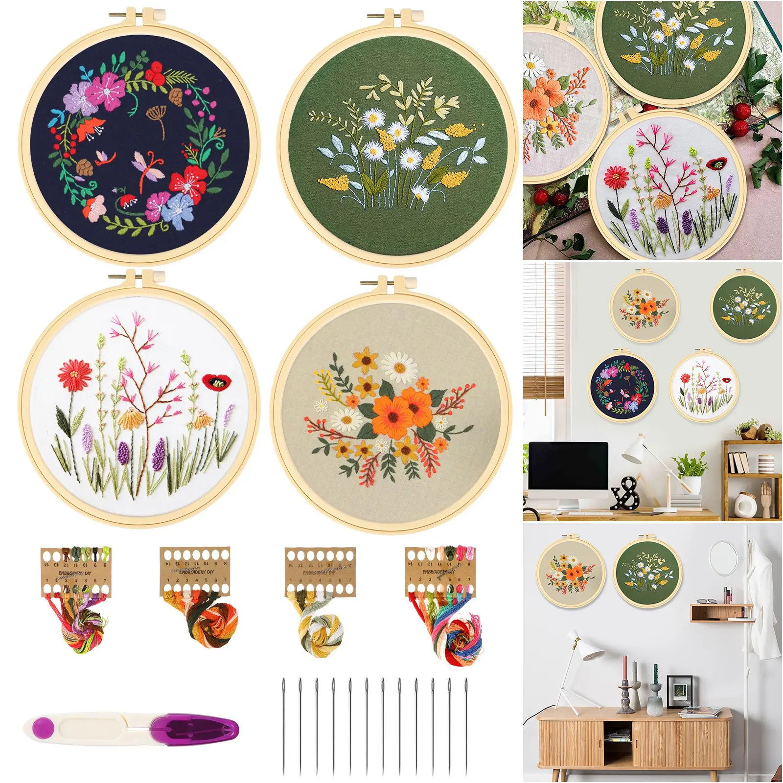 4 Sets Floral Embroidery starter Stitching Kit for Beginners-Cross Stitch Tools for DIY Crafts,Cotton Cloths,Hoops,Threads,Needles, sewing Gift