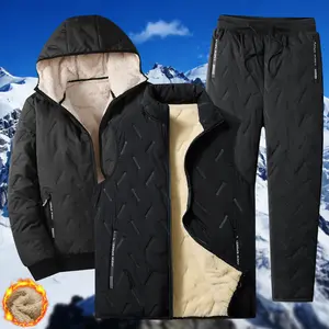 Winter must-have 3-piece set, fashionable steel stamp pattern, fleece lining, men's hooded jacket, men's sleeveless fleece vest, men's thermal pants, winter thermal suit, loungewear