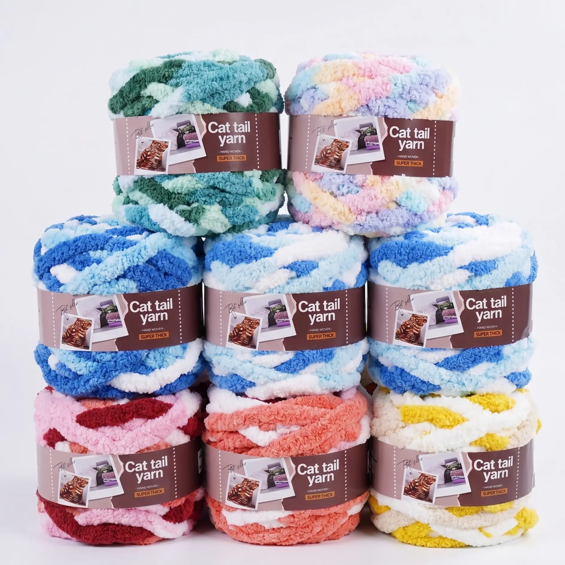4 Pcs Chunky Cat Tail Yarn Set, 28.34 oz Super Thick Fluffy Yarn, Ultra Soft Hand Knitting Yarn for Blankets, Scarves, DIY Crafts &Home Decor
