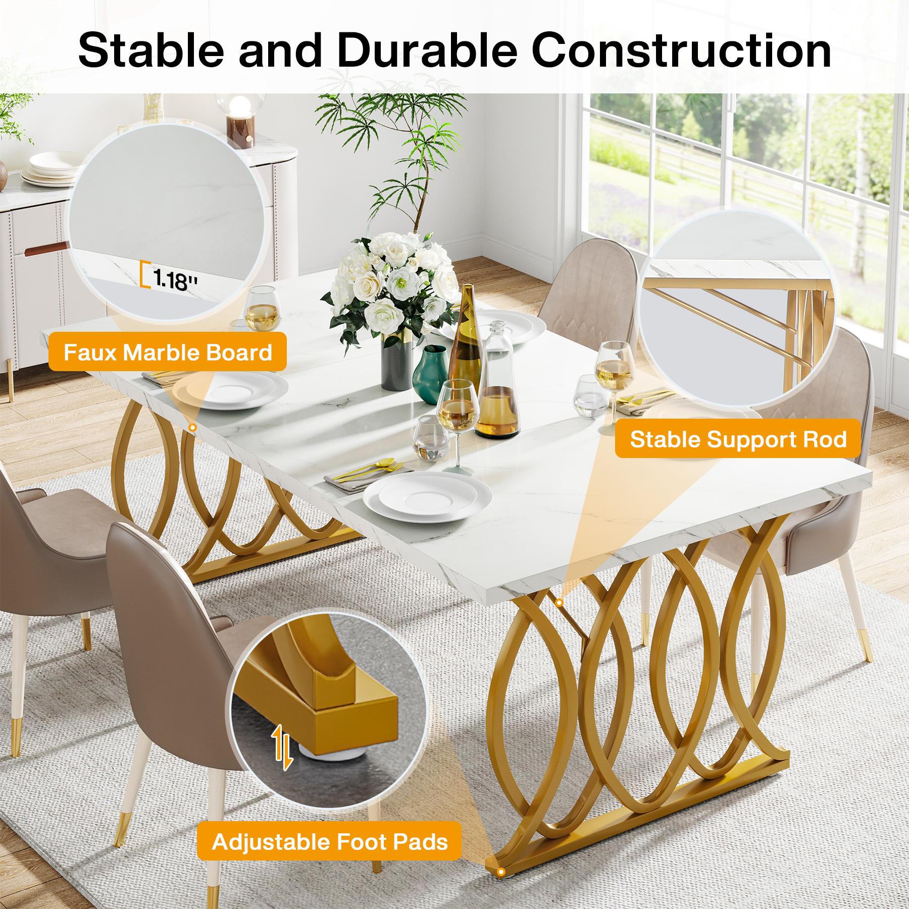 LITTLE TREE Modern Dining Table, 63" Large Kitchen Table for 4-6 People, Unique Rectangular Dinner Table Kitchen & Dining Room Furniture with Faux Marble Tabletop and Geometric Legs（Only Table）