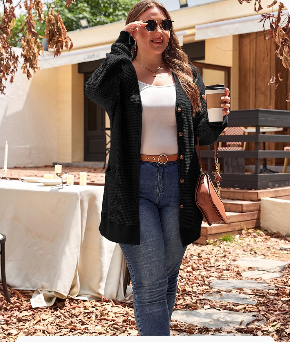 Aleumdr Women's Plus Size Cardigans Casual Long Sleeve Waffle Knit Front Button Tops 1X-5X Soft Breathable Stretchy Skin-Friendly Comfortable Everyday Wear  Knitwear Womenswear Shirts Blouses Basic SpringStatements