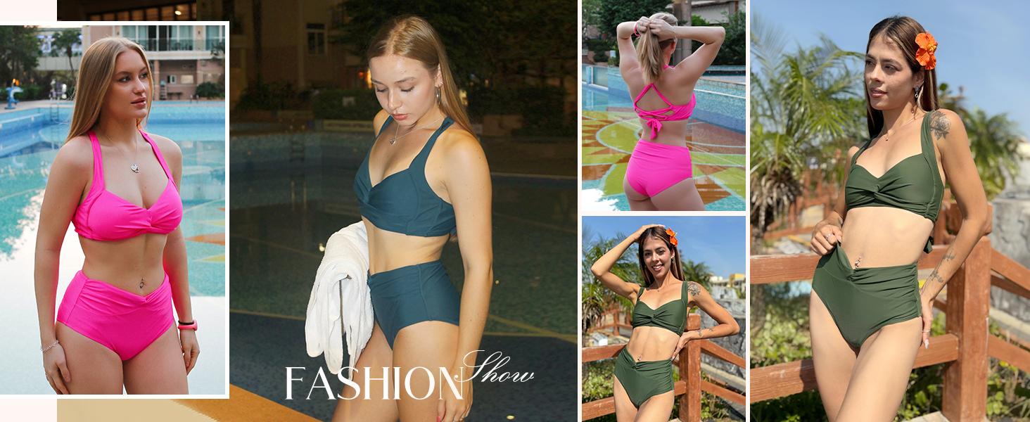 【S-XL】Hanna Nikole Women's Bikini Suit High Cut 2 Piece Swimsuit Gathered Modest Swimsuit Knotted Font Cross Cross
