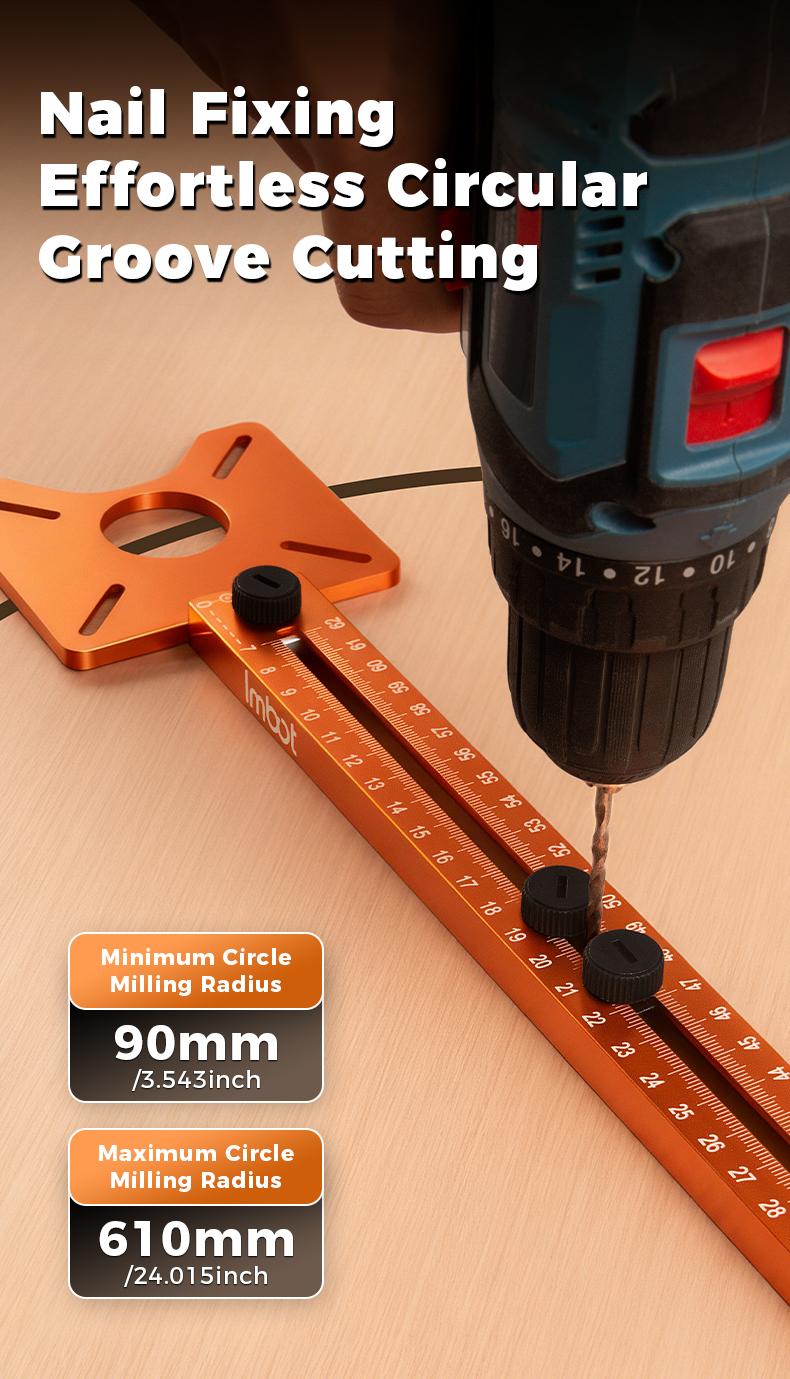 IMBOT Multi-function Router Jig – integrates milling, circle cutting, cabinet drilling, and guide functions in one aluminum alloy tool. Features adjustable radius for woodworking circle/arc cutting and precision grooving.