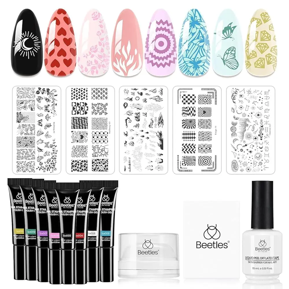 Beetles Nail Stamp Gel Polish French Tip Nail Stamp Kit with Stamper Gel Polish, Nail Stamping Templates, Scrapers, Liquid Latex & Short Silicone Stamper Gift for Women Manicure Stee mothersdaygift Spring Nail Summer Nail Vacation Nail #SummerVibes