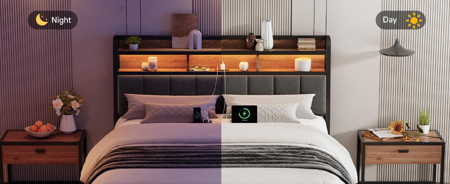 【SPOTLIGHT DAY】ONBRILL Queen/King Size Headboard with 2-Tier Storage, Uphlstered Headboard with LED Light & USB Ports,【HeadBoardOnly】, Height Adjustable, Sturdy and Stable