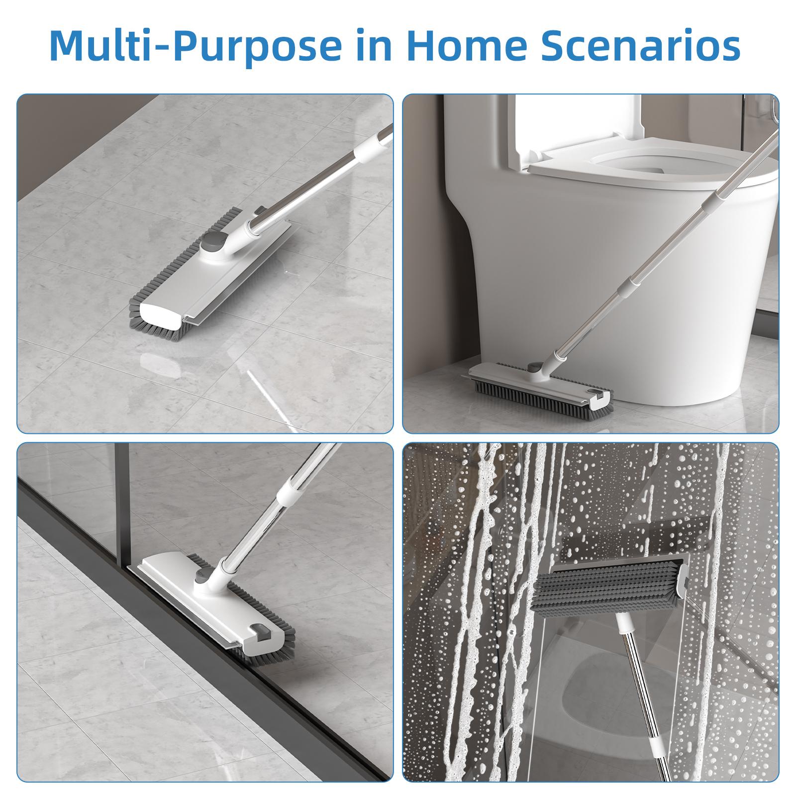 Glumzrk Scrub Brush with Long Handle, Floor Scrub Brush Squeegee Broom for Cleaning, 3 in 1 Shower Scrubber Floor Broom Squeegee for Concrete Tile Wall Deck Patio Grey White