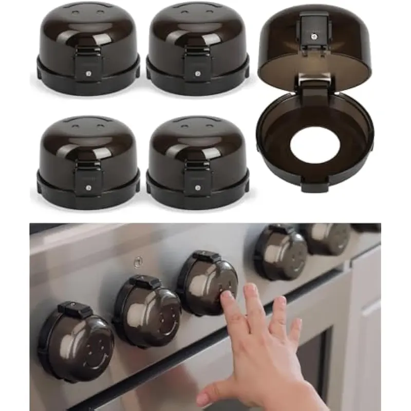 Stove Knob Safety Covers, Universal Size, 5 Pack, Black, Double Key Design, Heat Resistant Oven Knob Covers for Child Safety, Stove Guard Baby Proofing