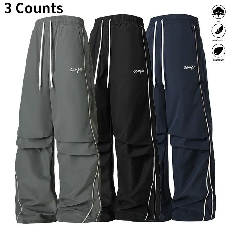 3-Pack Men’s Parachute Pants, Lightweight Baggy Streetwear Pants with Side Stripes, Elastic Waist Drawstring Casual Pants for Hip Hop, Street Style & Daily Wear, Activewear, Athletic, Set tiktokshopspringglowup