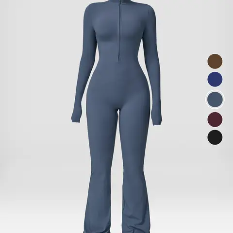 Nvwaurban Women's Covered Bust Long Sleeve Flared Zipper Wide Leg Stretch Sports Jumpsuit - Shane Gillis Gym Outfit, Athletic Activewear, Yoga/Pilates Bodysuit for Easy Movement,outdoorfun