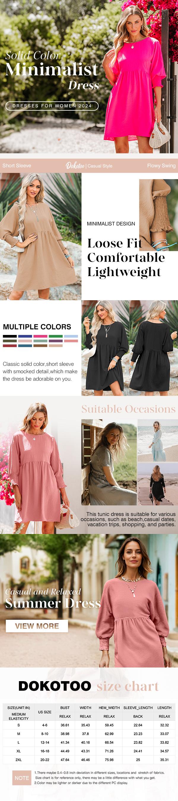 Dokotoo Women's Black Summer Tunic Dress Casual Loose Fit Short Sleeve Crew Neck Flowy Swing Mini Shift Sundress for Beach & Casual Dates