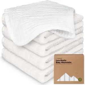5-Pack Muslin Baby Washcloths for Newborn – 12x12" Soft Absorbent Organic Cotton Muslin Wash Cloths for Babies Girl, Boy, Infant, Toddlers, Kids Face Towel, Bath Essentials, Baby Burp Rags (Soft White)