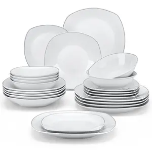 MALACASA Dinnerware Sets, 24 Piece Porcelain Square Dishes, White with Black/Silver Rim Plates and Bowls Sets, Ceramic Dish Set for 6, Chip Resistant Dishware Sets, Series ELISA