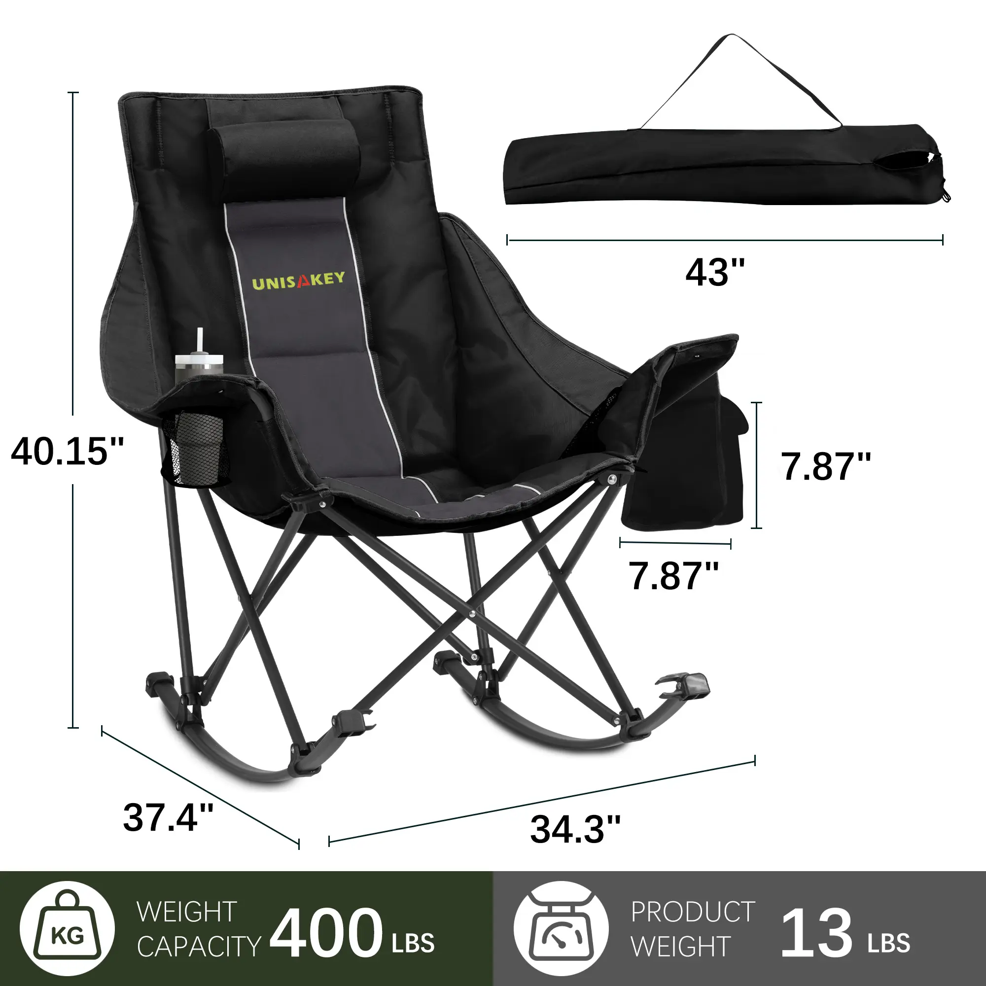 DRAGOSUM Oversized Moon Rocking Chair, Foldable 600D Oxford Fabric Camping Lounge with Padded Headrest & Cup Holder, Supports 400 lbs for Outdoor Relaxation, Foldable Frame, Large Size, Moon Shape, Supports 400Lbs, Wide Seat, Unisex
