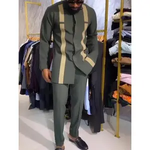 ''2Pcs/Set Plus Size Men Green Dashiki Suit, Contrast Color, Long Sleeve, Elastic Waist Pants, African Clothing, Men Casual Shirt And Trouser Set, New For All Seasons, Party, Date, Street Wear