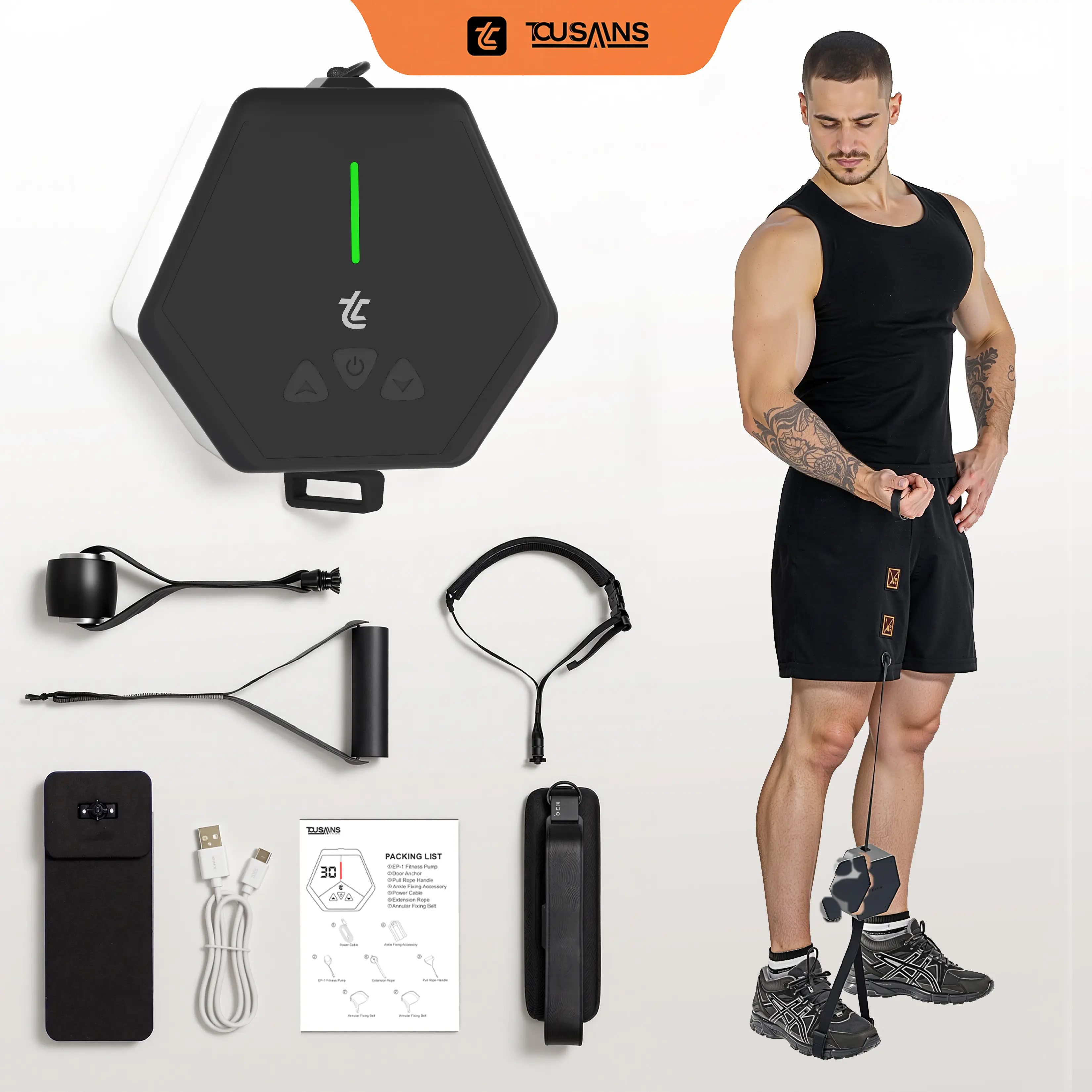 TOUSAINS HIVEGYM Power Pump Trainer, 3–30kg Resistance, Upgraded Heat Dissipation, Portable Full-Body Workout for Chest, Arms & Core, Smart App Training