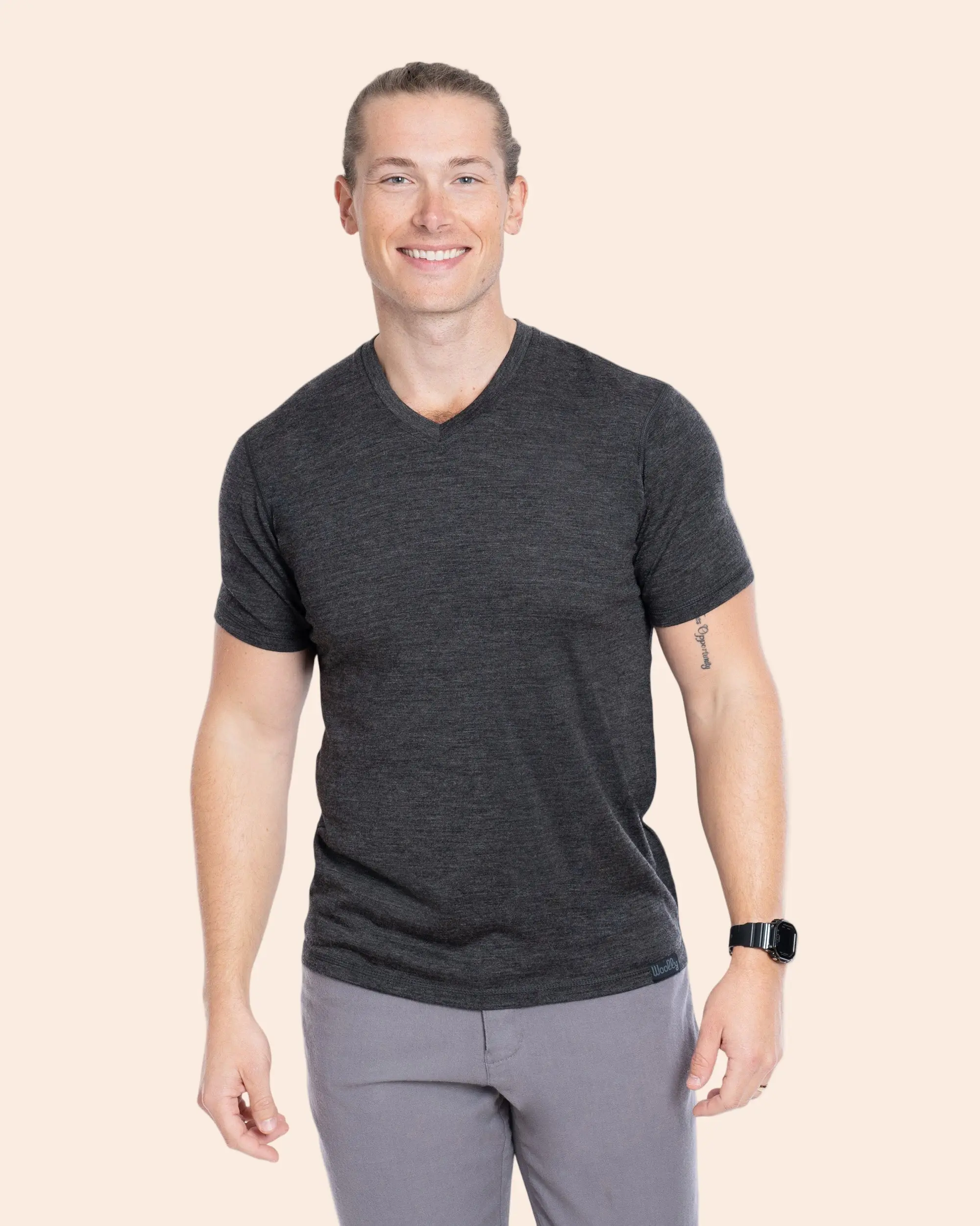 Men's Merino Wool V-Neck Tee Shirt Menswear Casual Shortsleeve- Classic Top Streetwear Tropical Plain