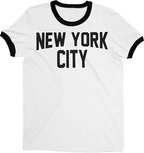 New York City Ringer Tee T-Shirt Retro Style Men's Shirt (White/Black, Regular)
