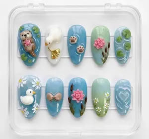 Handmade Otter & Duck Pond Press On Nails | 3D Lotus, Lily Pad | Almond Nails For Cottagecore Vibe