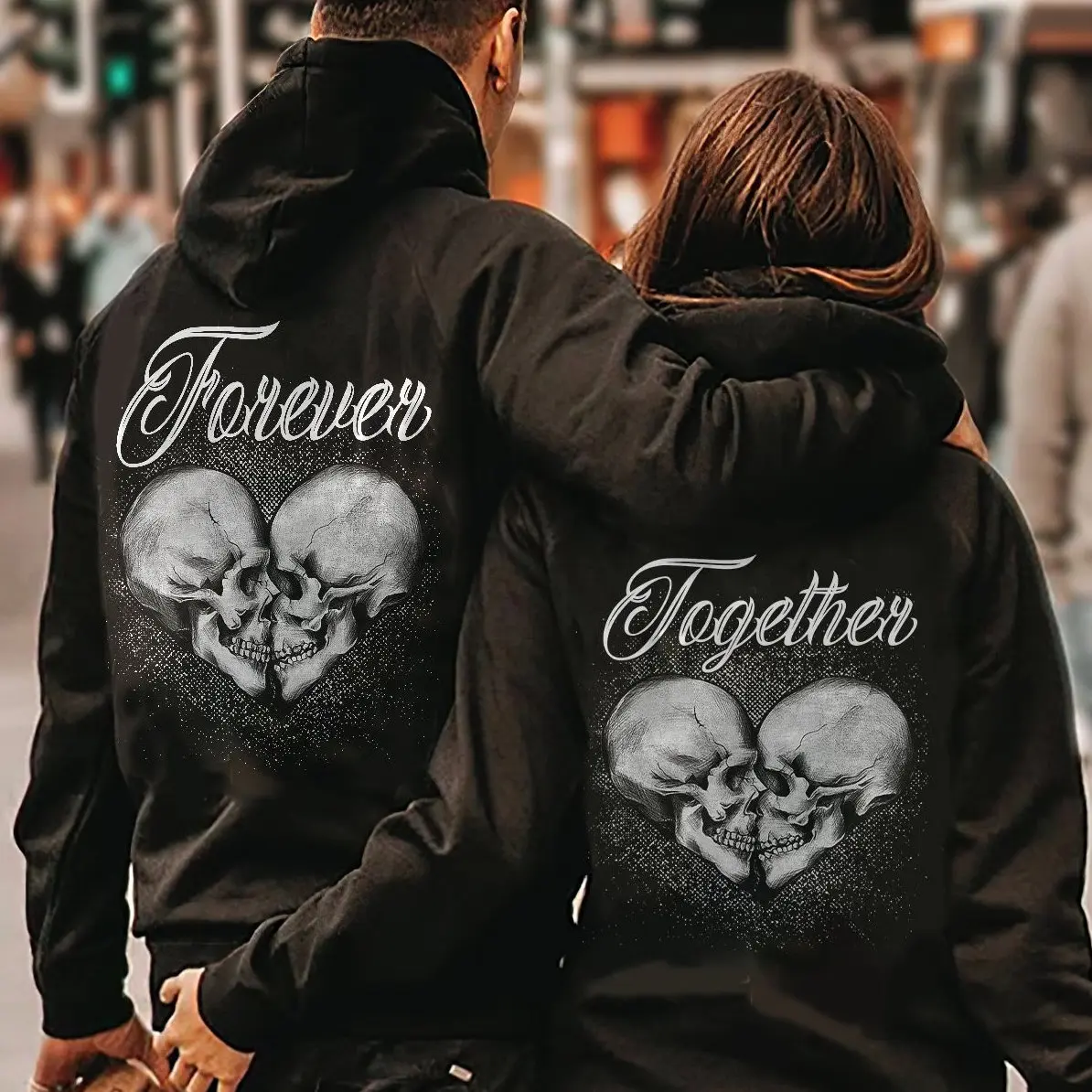 Matching Skull Couple Hoodie Forever Together Graphic Hoodie Casual Streetwear Fleece Fabric Pullover Hooded Sweatshirt Trendy Halloween Tops Collection for Women for Men, Perfect Gift