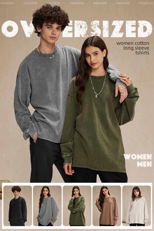 Gihuo Unisex Oversized Sweatshirt for Men Women Vintage Loose Fit Cotton Pullover Crewneck Baggy Acid Wash Long Sleeve Basic T-Shirt for Casual Wear Y2K
