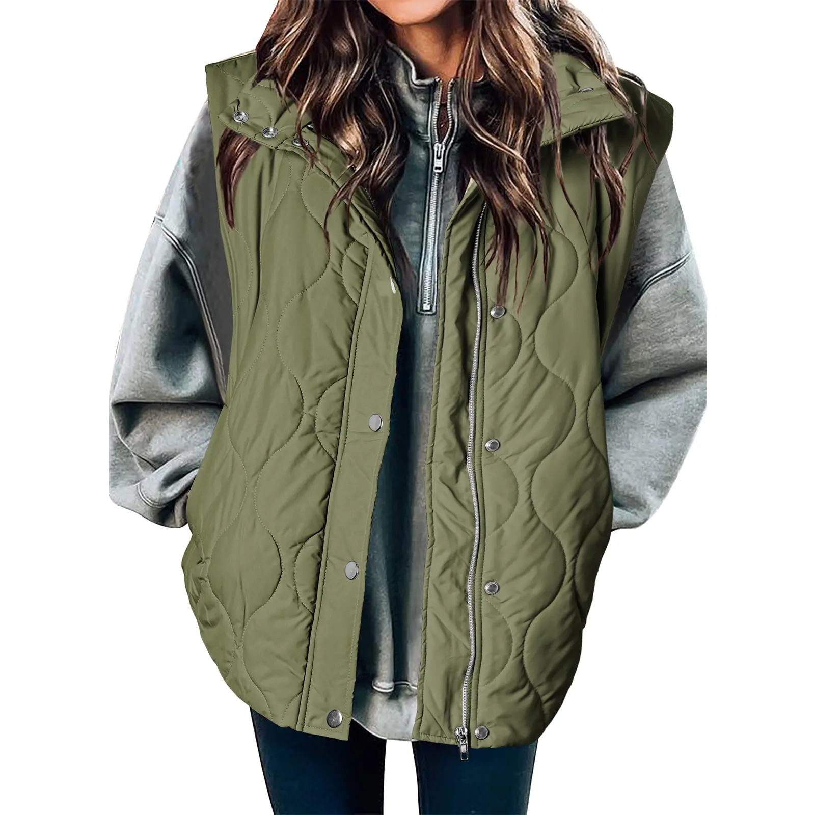 EVALESS Women's Casual Puffer Vest Oversize Lightweight Quilted Jacket Button Zip Up Stand Collar Sleeveless Coat Outerwear 2026 Fashion Green Cozy Boyfriend-Style Winter Outfits  Deals For You Days summer outfits,back to school,back to school shopping Co
