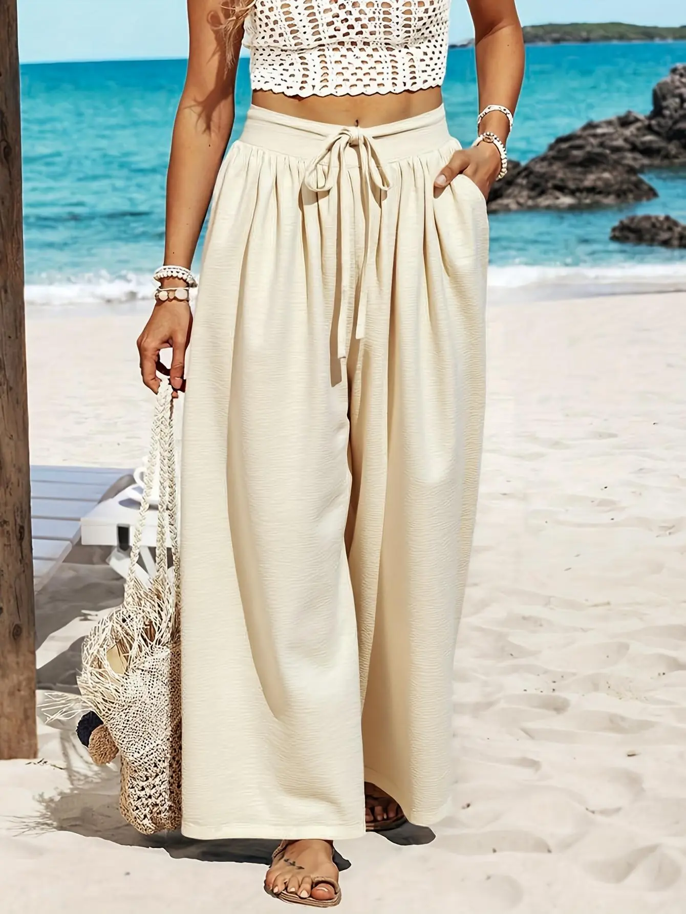 Women's High-Waisted Drawstring Baggy Oversized Wide-Leg Polyester Palazzo Pants - Lightweight, Breathable, Basic Minimalist Clothes with Side Pockets for Beach Vacation, Summer Lounge