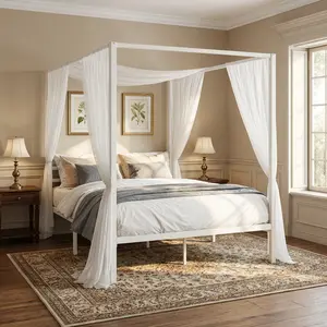 PurrFest Full/Queen 4-Poster Canopy Bed Frame Modern Protective Full Surround Structure, Strong Support, No Box Spring Needed